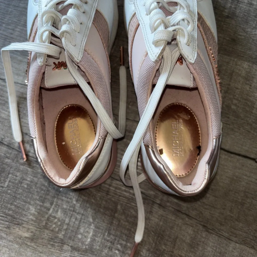 Michael Kors Allie Trainer White Pink Rose Gold Metallic Sneakers Womens 6.5M